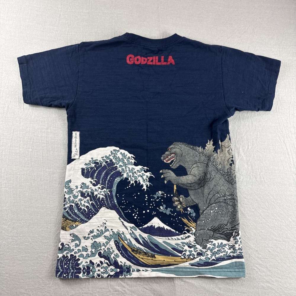 Godzilla Shirt Mens S Blue Ukiyoe Wave Attack Japanese Toho Kanagawa Kaiju Print